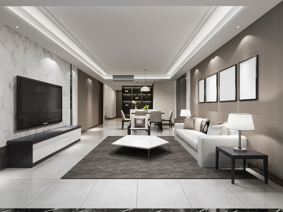 3d rendering modern dining room and living room with luxury decor