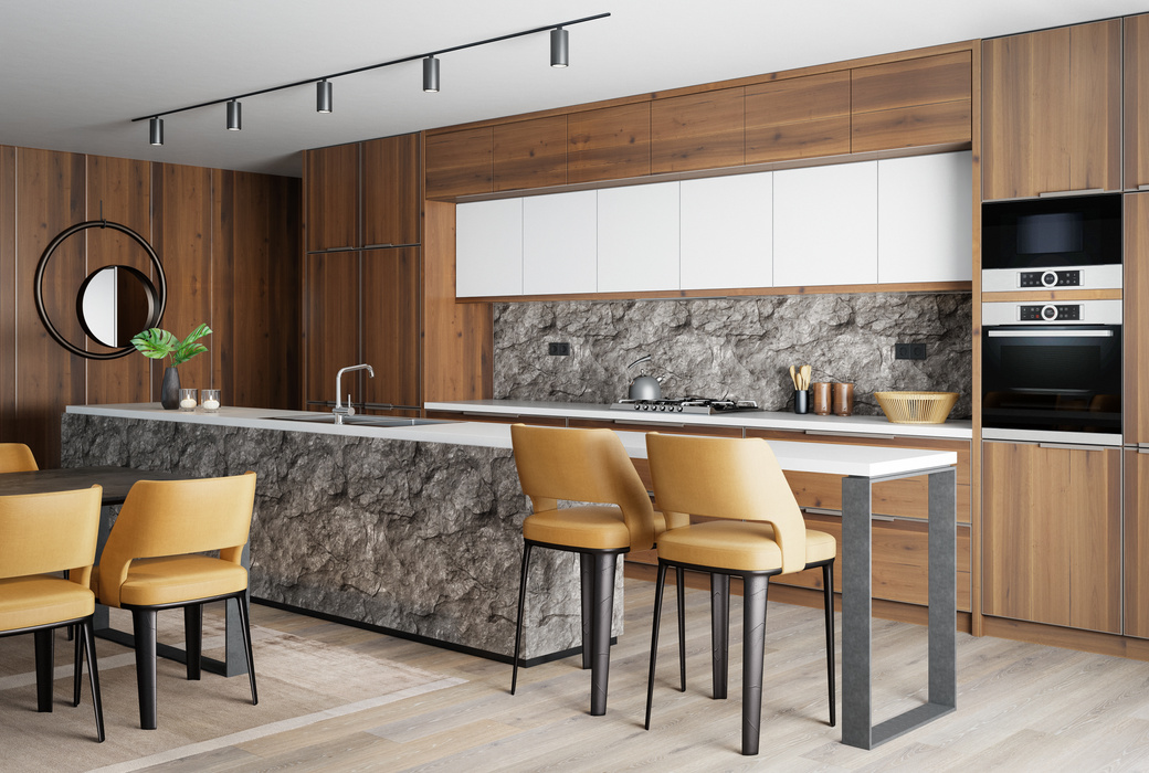 Modern minimalist kitchen with long island with stools. Oak wood and stone.